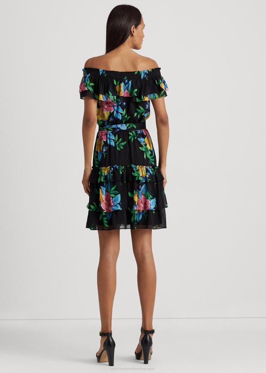 sort multi Kvinder Ralph Lauren blomstret georgette off-shoulder kjole Z426B3868