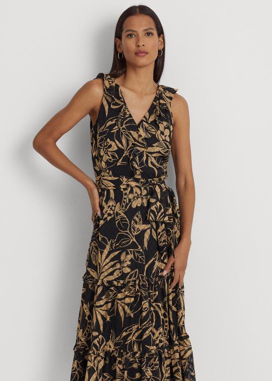sort/tan Kvinder Ralph Lauren print crinkle georgette kjole Z426B9506
