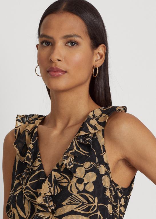 sort/tan Kvinder Ralph Lauren print crinkle georgette kjole Z426B9506