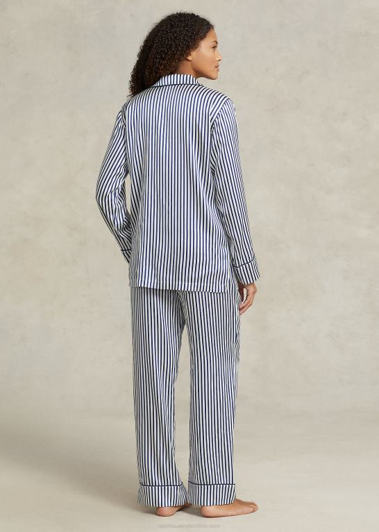 blå striber Kvinder Ralph Lauren stribet stretch silke langærmet pj sæt Z426B2999