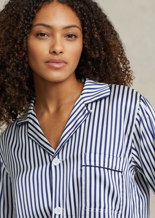 blå striber Kvinder Ralph Lauren stribet stretch silke langærmet pj sæt Z426B2999