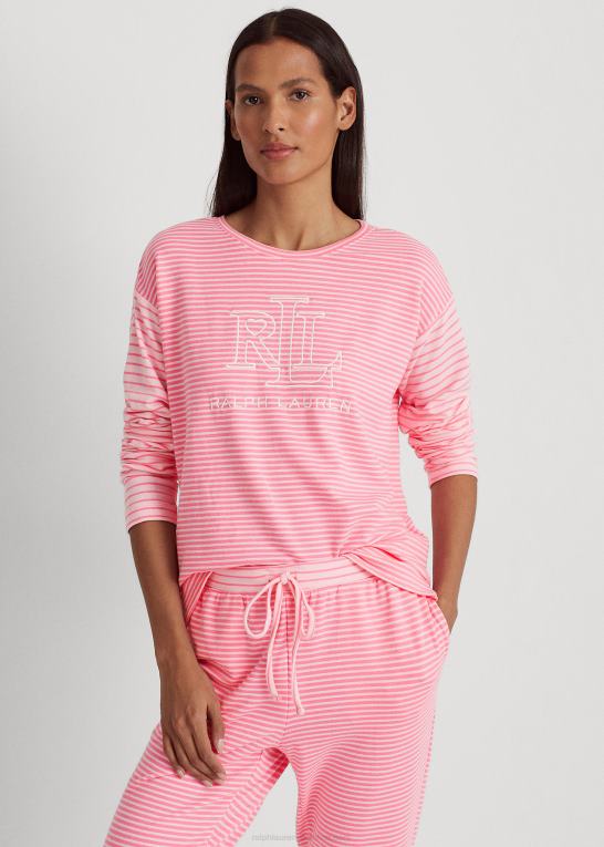 lyserødt print Kvinder Ralph Lauren stribet fransk frotté jogger pyjamassæt Z426B4150