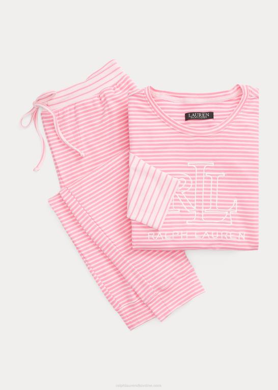 lyserødt print Kvinder Ralph Lauren stribet fransk frotté jogger pyjamassæt Z426B4150