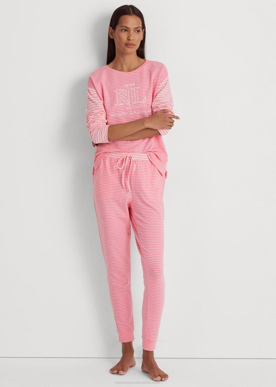 lyserødt print Kvinder Ralph Lauren stribet fransk frotté jogger pyjamassæt Z426B4150