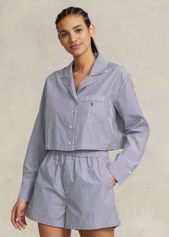 marineblå stribe Kvinder Ralph Lauren crop top & boxer poplin pyjamassæt Z426B3009