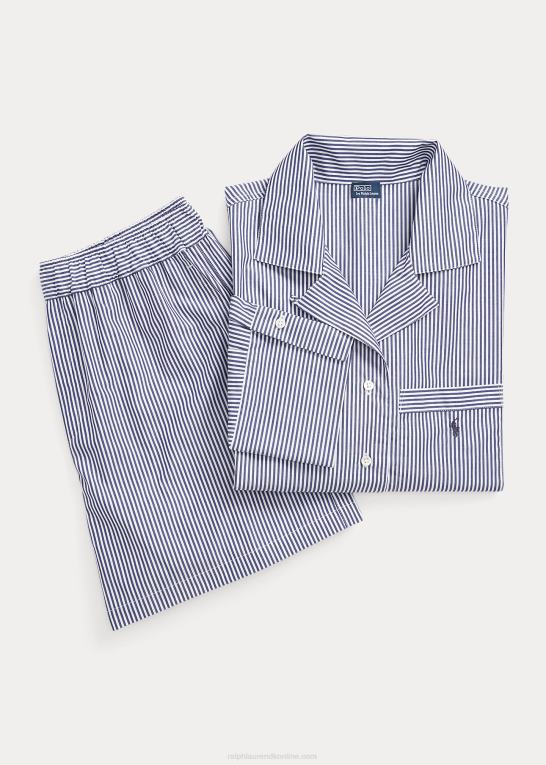 marineblå stribe Kvinder Ralph Lauren crop top & boxer poplin pyjamassæt Z426B3009