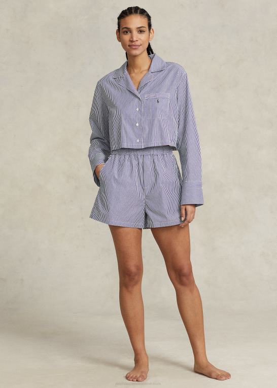 marineblå stribe Kvinder Ralph Lauren crop top & boxer poplin pyjamassæt Z426B3009