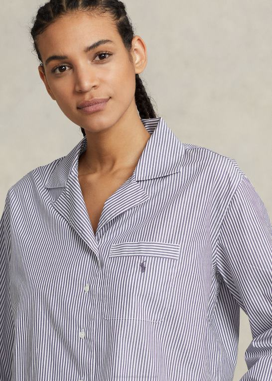 marineblå stribe Kvinder Ralph Lauren crop top & boxer poplin pyjamassæt Z426B3009