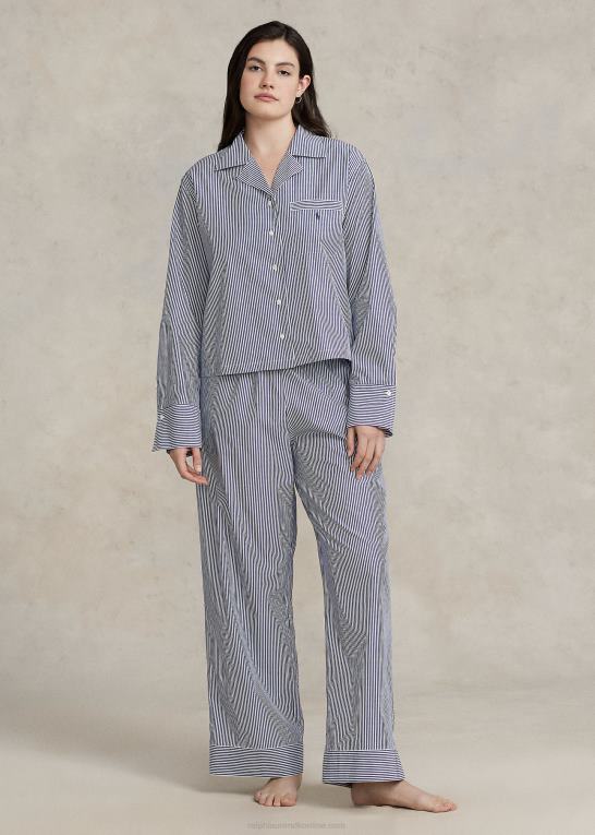 marineblå stribe Kvinder Ralph Lauren langærmet poplin pyjamassæt Z426B3012