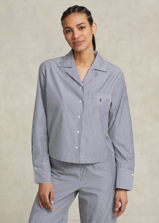 marineblå stribe Kvinder Ralph Lauren langærmet poplin pyjamassæt Z426B3012