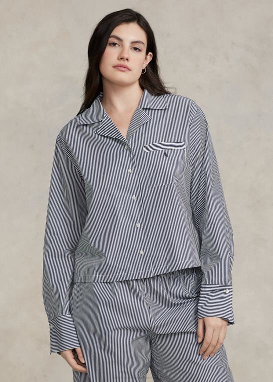 marineblå stribe Kvinder Ralph Lauren langærmet poplin pyjamassæt Z426B3012