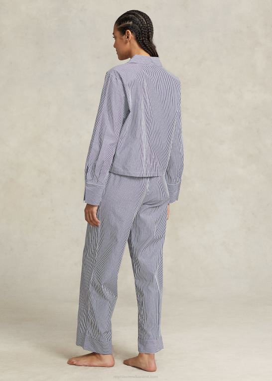 marineblå stribe Kvinder Ralph Lauren langærmet poplin pyjamassæt Z426B3012