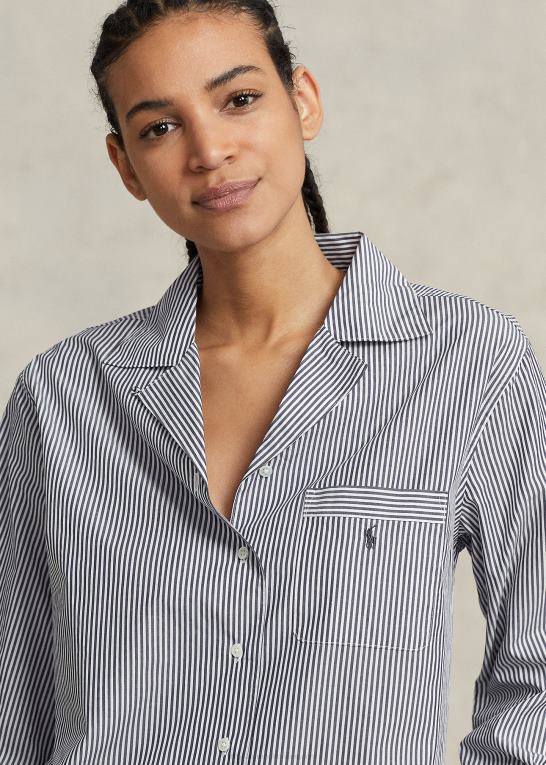 marineblå stribe Kvinder Ralph Lauren langærmet poplin pyjamassæt Z426B3012
