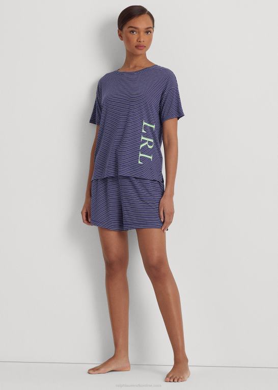 marineblå stribe Kvinder Ralph Lauren logo stribet jersey boxer pyjamassæt Z426B3944