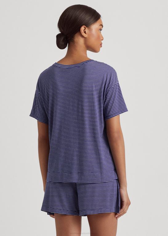 marineblå stribe Kvinder Ralph Lauren logo stribet jersey boxer pyjamassæt Z426B3944
