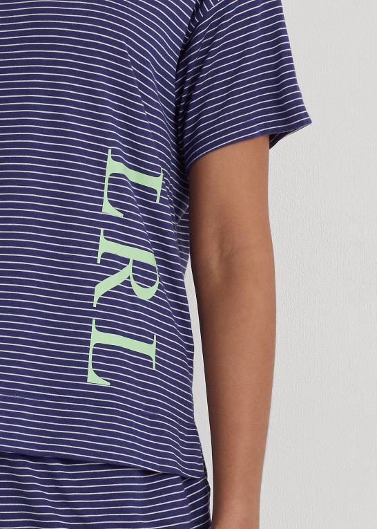 marineblå stribe Kvinder Ralph Lauren logo stribet jersey boxer pyjamassæt Z426B3944