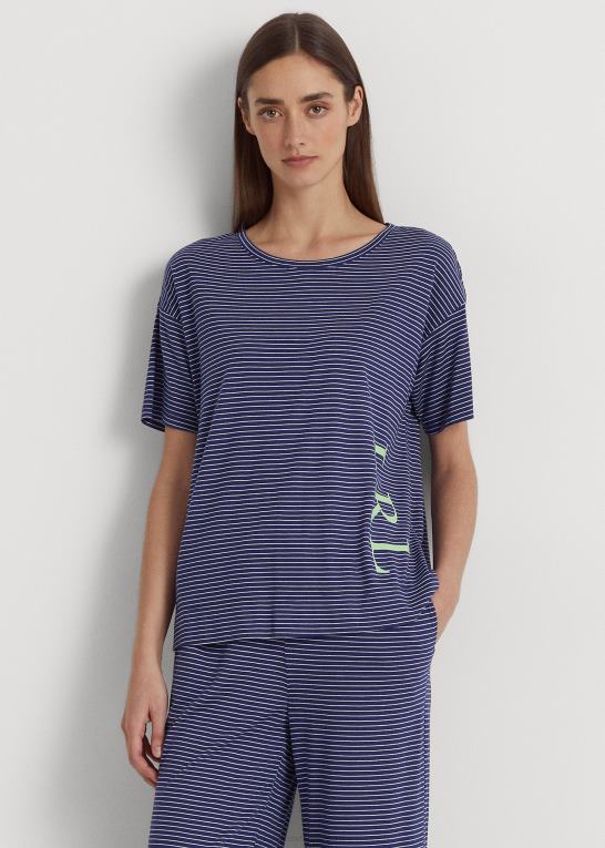 marineblå stribe Kvinder Ralph Lauren pyjamassæt med logostribet jersey Z426B9418