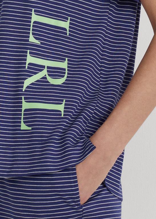marineblå stribe Kvinder Ralph Lauren pyjamassæt med logostribet jersey Z426B9418