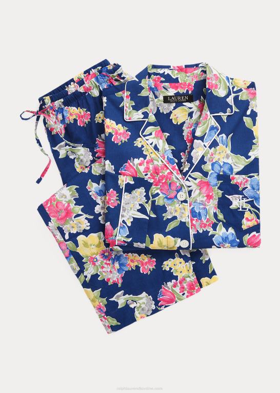 navy print Kvinder Ralph Lauren blomstret bomuldsblandet plæne capri sovesæt Z426B4839