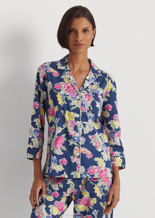 navy print Kvinder Ralph Lauren blomstret bomuldsblandet plæne capri sovesæt Z426B4839