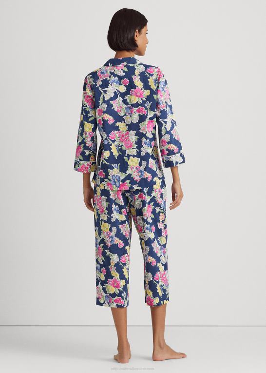 navy print Kvinder Ralph Lauren blomstret bomuldsblandet plæne capri sovesæt Z426B4839