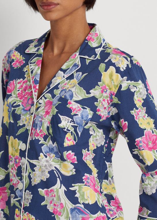 navy print Kvinder Ralph Lauren blomstret bomuldsblandet plæne capri sovesæt Z426B4839