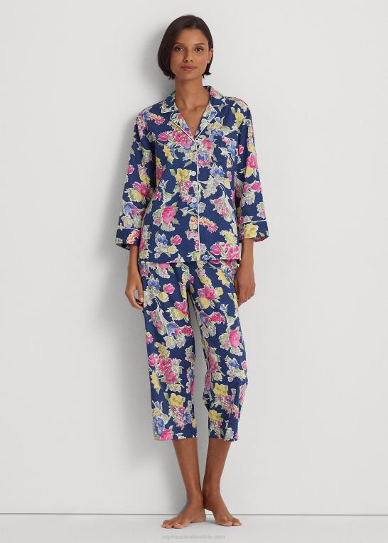 navy print Kvinder Ralph Lauren blomstret bomuldsblandet plæne capri sovesæt Z426B9414