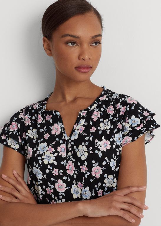 sort bundet blomster Kvinder Ralph Lauren blomstret jersey natkjole med flagerærmer Z426B9443