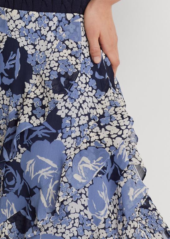 blå/creme/marineblå Kvinder Ralph Lauren blomstret georgette-nederdel med flæsekant Z426B4431