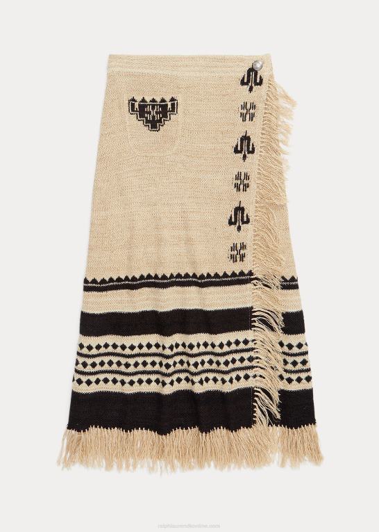 creme/sort Kvinder Ralph Lauren linned-silke jacquard nederdel med frynser Z426B3617