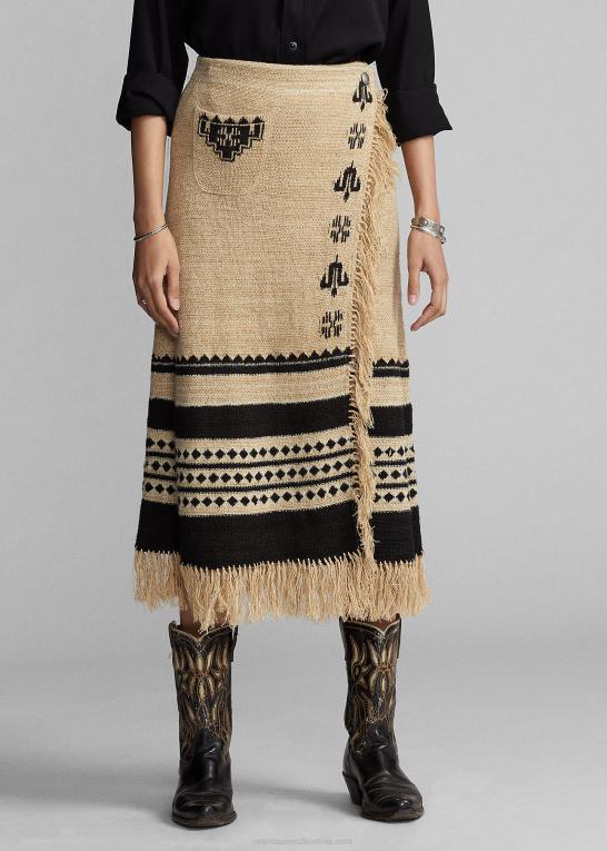 creme/sort Kvinder Ralph Lauren linned-silke jacquard nederdel med frynser Z426B3617