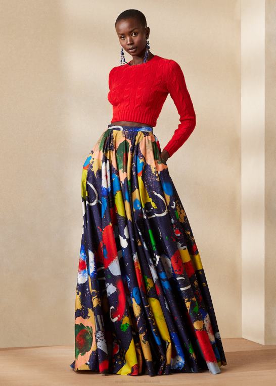 lux marineblå multi Kvinder Ralph Lauren satin nederdel i bomuld med maguire print Z426B3470