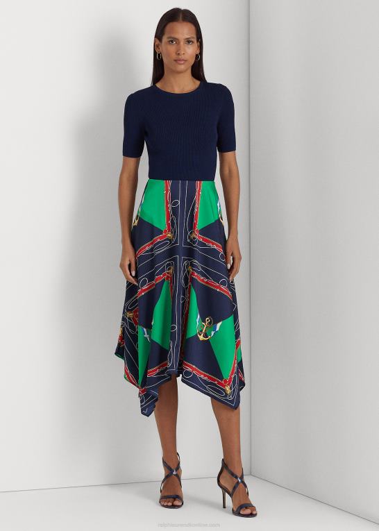 marineblå/grøn multi Kvinder Ralph Lauren print twill midi nederdel Z426B4890