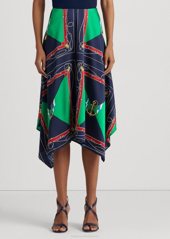 marineblå/grøn multi Kvinder Ralph Lauren print twill midi nederdel Z426B9543