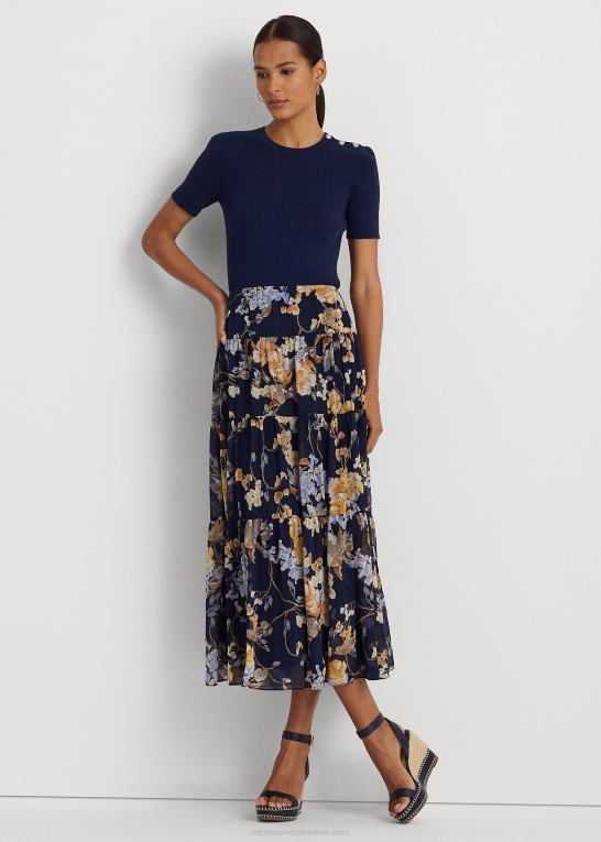 marineblå multi Kvinder Ralph Lauren floral crinkle georgette lagdelt nederdel Z426B4105