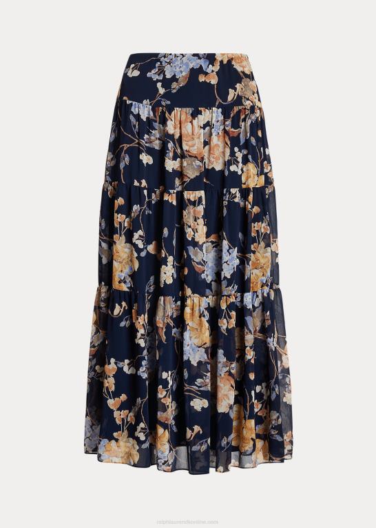 marineblå multi Kvinder Ralph Lauren floral crinkle georgette lagdelt nederdel Z426B4451