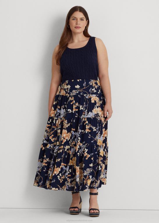 marineblå multi Kvinder Ralph Lauren floral crinkle georgette lagdelt nederdel Z426B4676