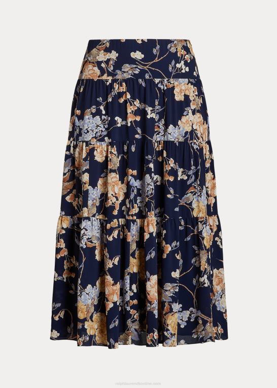 marineblå multi Kvinder Ralph Lauren floral crinkle georgette lagdelt nederdel Z426B4676
