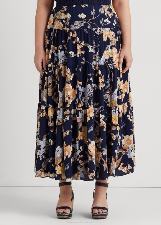 marineblå multi Kvinder Ralph Lauren floral crinkle georgette lagdelt nederdel Z426B4676