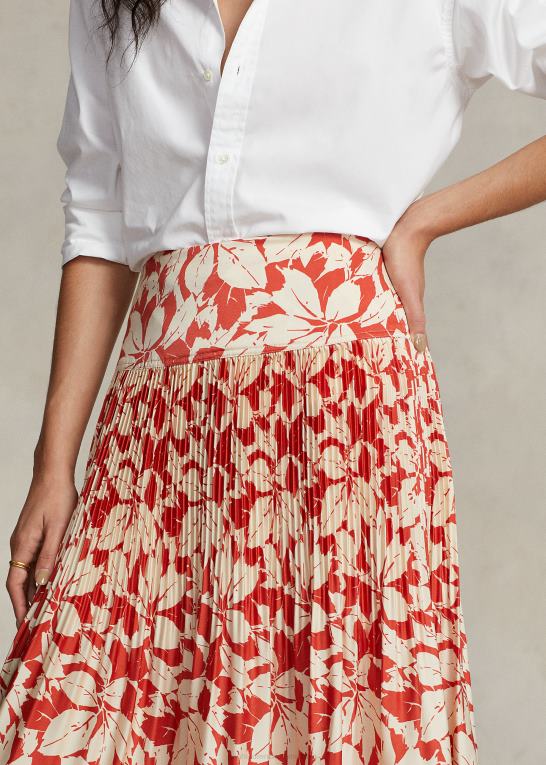print af birkeblade Kvinder Ralph Lauren print satin plisseret a-line midi nederdel Z426B3196