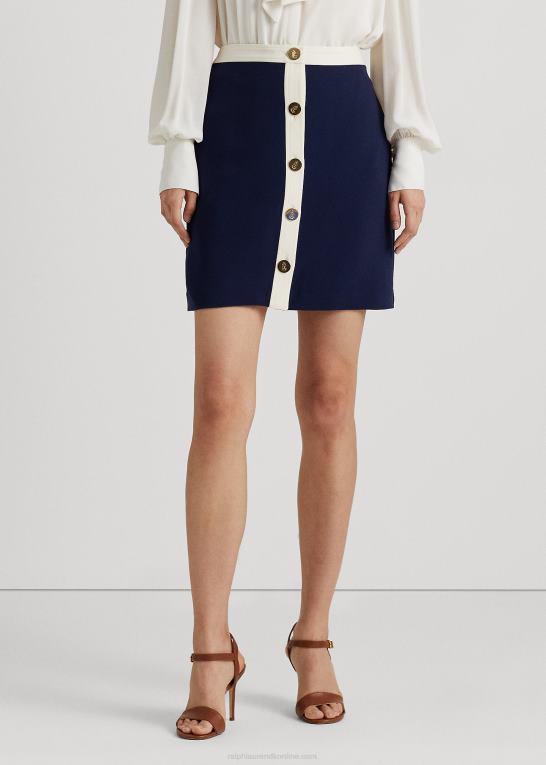 raffineret navy/creme Kvinder Ralph Lauren tofarvet crepe blyantnederdel foran med knap foran Z426B4072