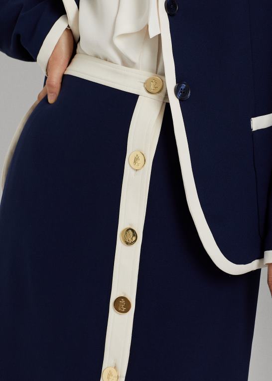 raffineret navy/creme Kvinder Ralph Lauren tofarvet crepe blyantnederdel foran med knap foran Z426B4072