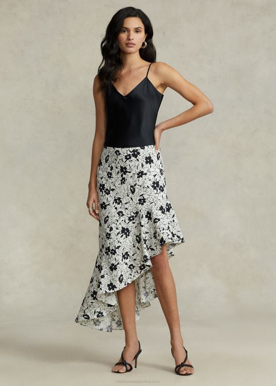 sort lilje på creme Kvinder Ralph Lauren floral flæser asymmetrisk hørnederdel Z426B2942