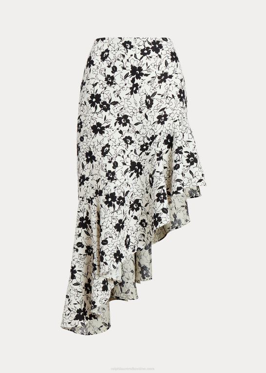 sort lilje på creme Kvinder Ralph Lauren floral flæser asymmetrisk hørnederdel Z426B2942