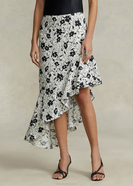 sort lilje på creme Kvinder Ralph Lauren floral flæser asymmetrisk hørnederdel Z426B2942