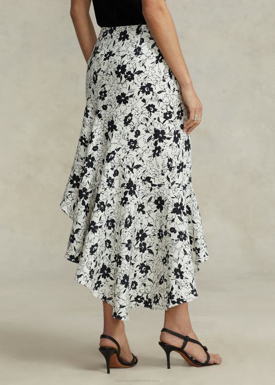 sort lilje på creme Kvinder Ralph Lauren floral flæser asymmetrisk hørnederdel Z426B2942