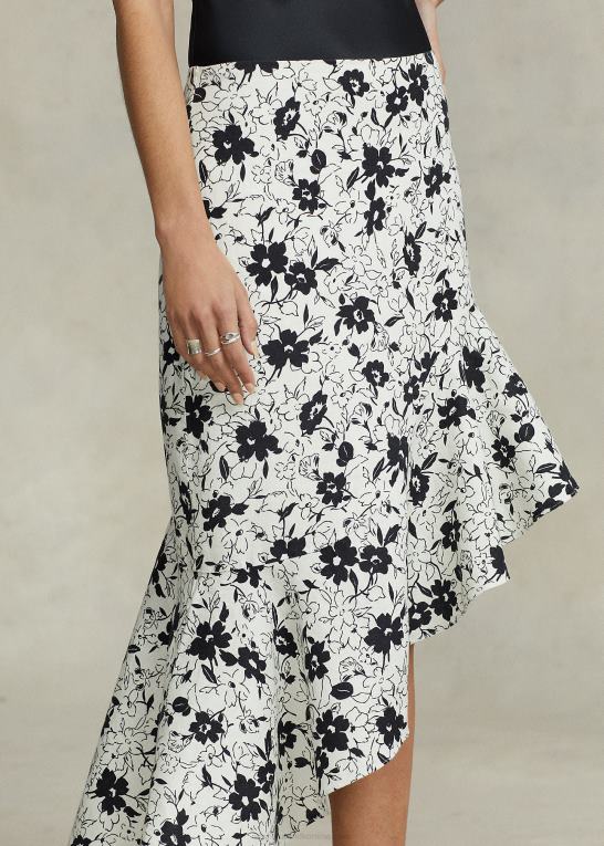 sort lilje på creme Kvinder Ralph Lauren floral flæser asymmetrisk hørnederdel Z426B2942