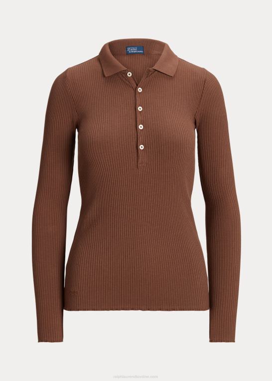chokolade brun Kvinder Ralph Lauren rib langærmet poloshirt Z426B3095