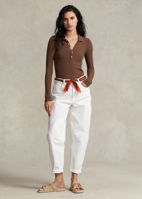 chokolade brun Kvinder Ralph Lauren rib langærmet poloshirt Z426B3095