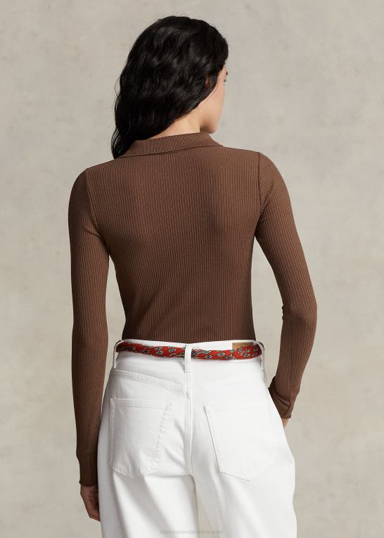 chokolade brun Kvinder Ralph Lauren rib langærmet poloshirt Z426B3095